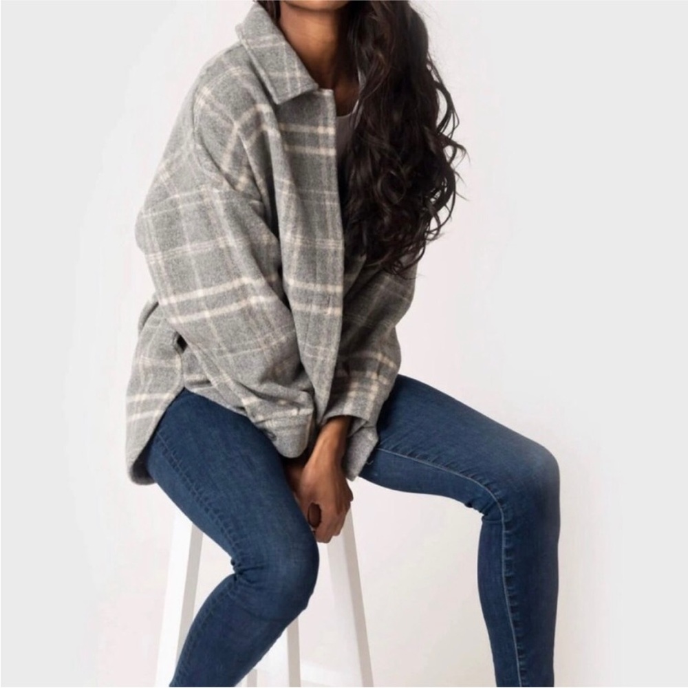 Gray & White Plaid Wool-blend Oversized Shacket, Large, NWT
